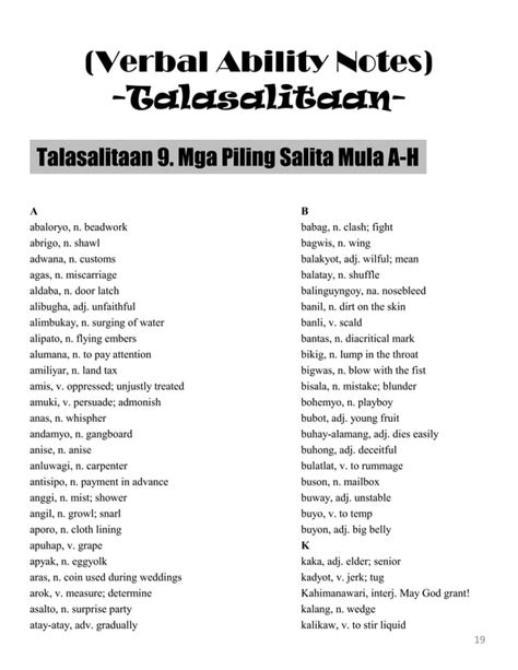 Talasalitaan ng tinagunyaan in English with examples .